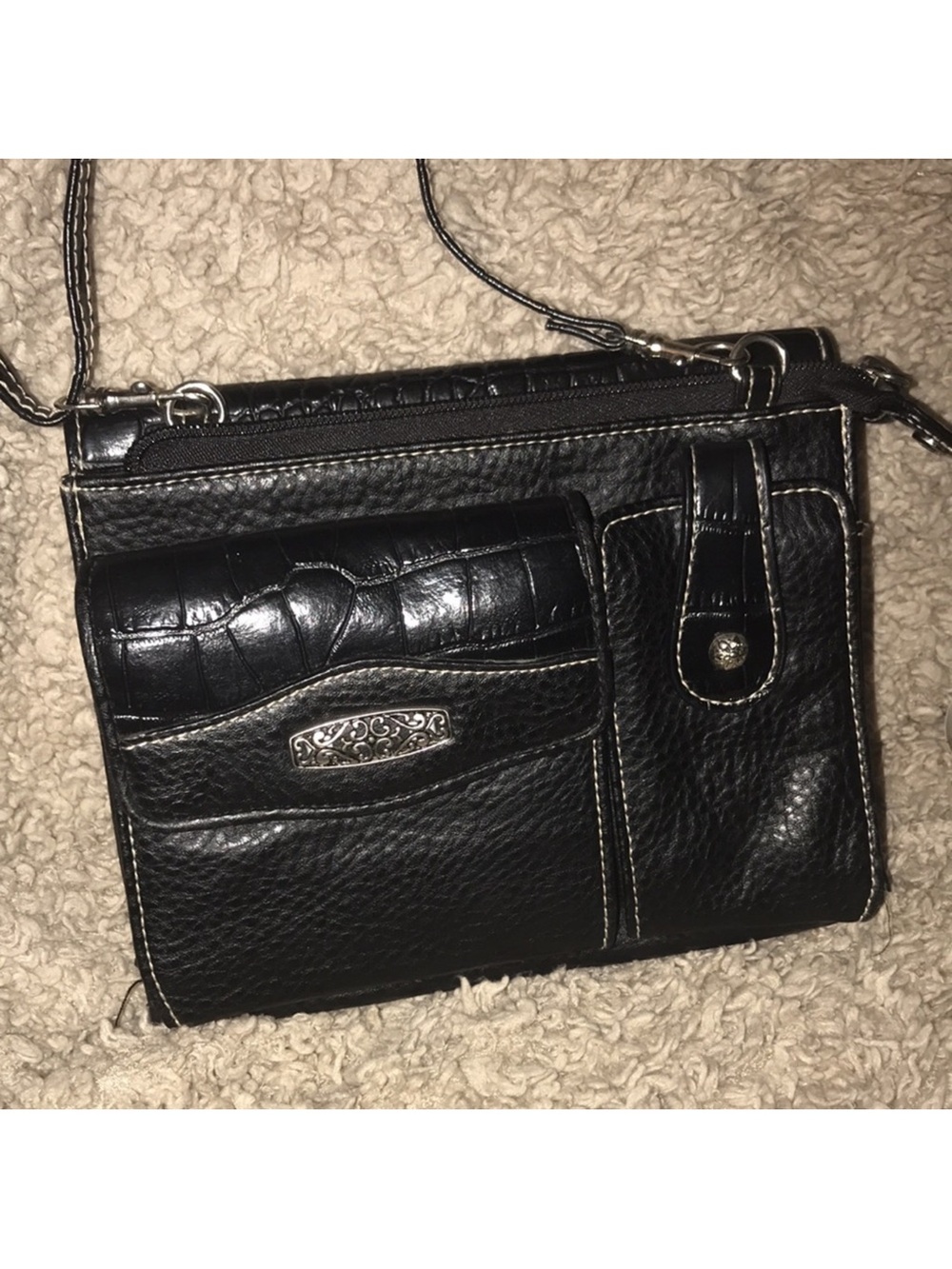 Black and silver crocodile print and pebbled Leather Crossbody Organizer Bag